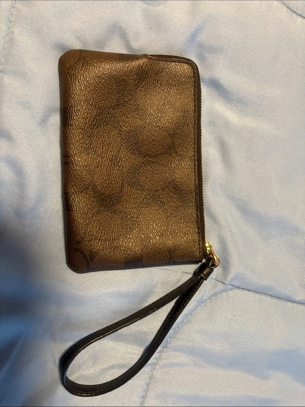 Coach Brown & Black Leather Wristlet Phone Case with Gold Logo